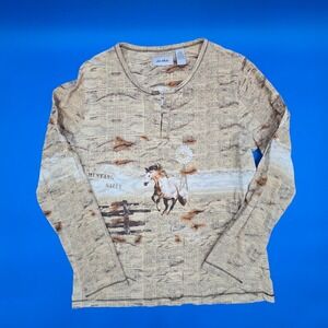 Le Moda Mustang Sally Newspaper Print Henley Top Large Western Horse Cowgirl